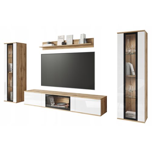 Mur TV LED 180 Cm 2 Vitrines Chêne Wotan / Blanc Brillant