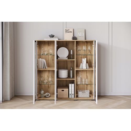 Highboard LED 120 Cm Vitrine Chêne Wotan / Blanc Brillant