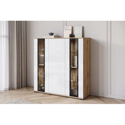 Highboard LED 120 Cm Vitrine Chêne Wotan / Blanc Brillant