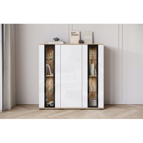 Highboard LED 120 Cm Vitrine Chêne Wotan / Blanc Brillant