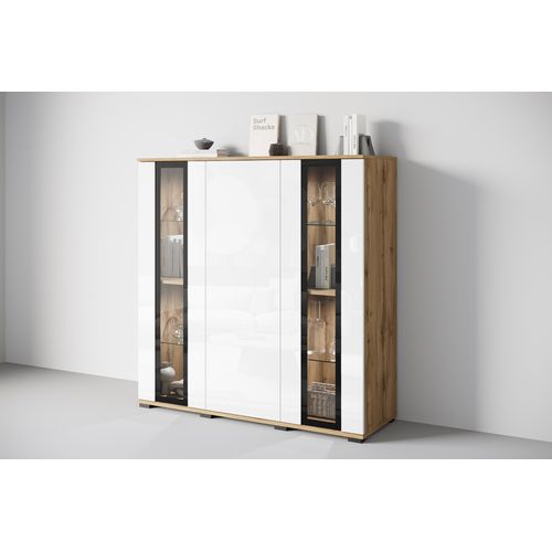 Highboard LED 120 Cm Vitrine Chêne Wotan / Blanc Brillant