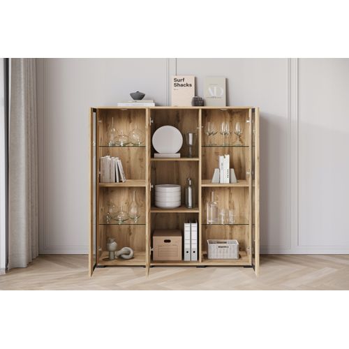 Highboard LED 120 Cm Vitrine Chêne Wotan