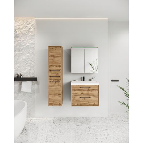 Salle De Bain Suspendue LED Lavabo Miroir Colonne Mdf Chêne Wotan