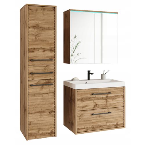 Salle De Bain Suspendue LED Lavabo Miroir Colonne Mdf Chêne Wotan