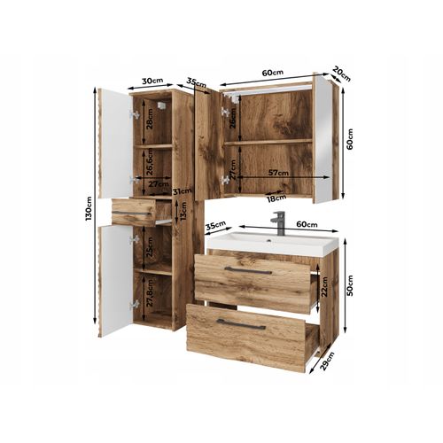 Salle De Bain Suspendue LED Lavabo Miroir Colonne Mdf Chêne Wotan