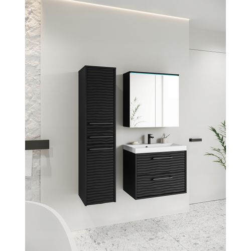 Salle De Bain Suspendue LED Lavabo Miroir Colonne Mdf Noir Mat