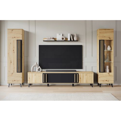 Mur TV LED 180 Cm Sur Pieds Vitrine + Étagère Chêne Artisan Mat