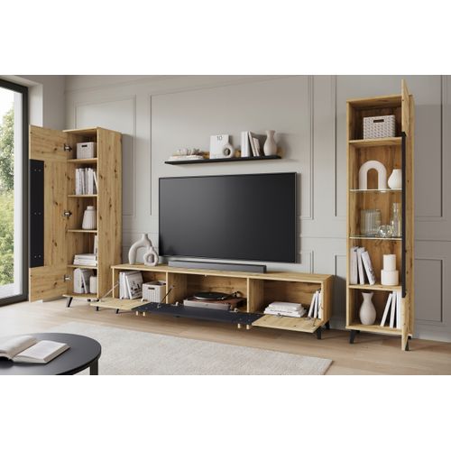 Mur TV LED 180 Cm Sur Pieds Vitrine + Étagère Chêne Artisan Mat