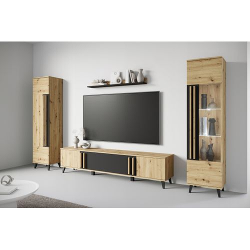Mur TV LED 180 Cm Sur Pieds Vitrine + Étagère Chêne Artisan Mat