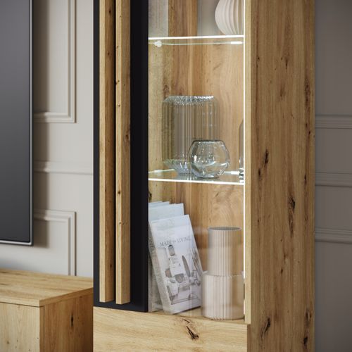 Mur TV LED 180 Cm Sur Pieds Vitrine + Étagère Chêne Artisan Mat