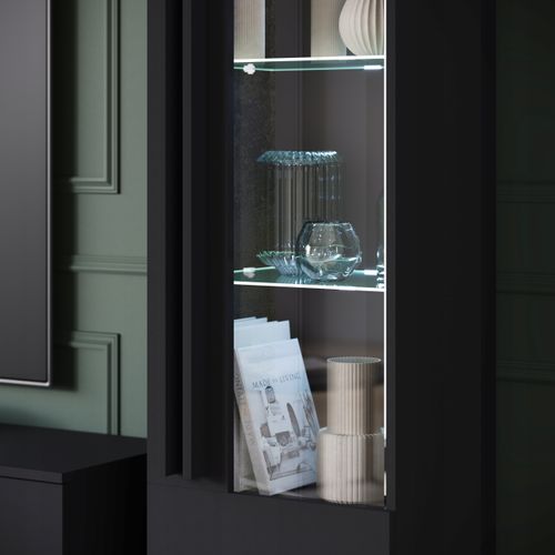 Mur TV LED 180 Cm Sur Pieds Vitrine + Étagère Noir Mat