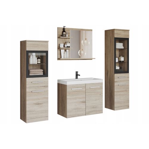 Salle De Bain Suspendue LED Lavabo 2 Colonnes + Miroir Étagères Chêne San Remo Mat