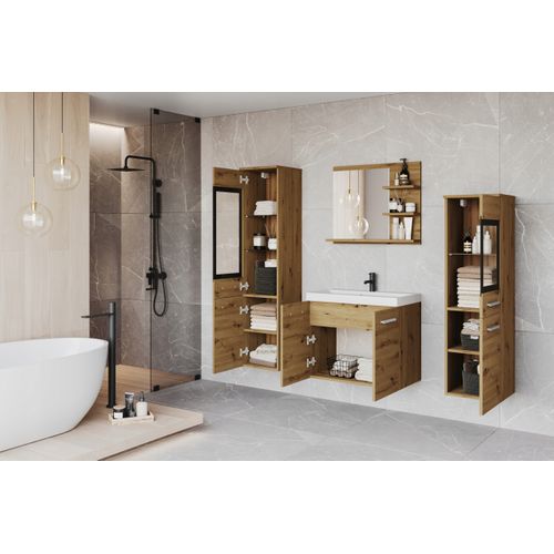 Salle De Bain Suspendue LED Lavabo 2 Colonnes + Miroir Étagères Chêne Artisan