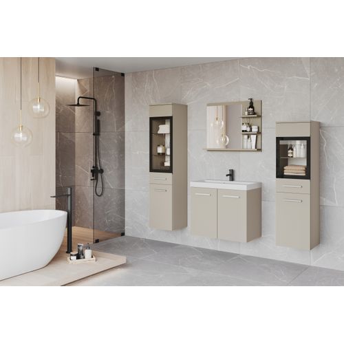 Salle De Bain Suspendue LED Lavabo 2 Colonnes + Miroir Étagères Beige Cachemire