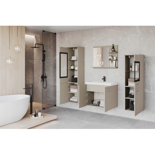 Salle De Bain Suspendue LED Lavabo 2 Colonnes + Miroir Étagères Beige Cachemire