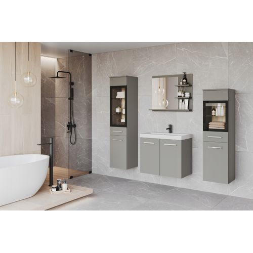 Salle De Bain Suspendue LED Lavabo 2 Colonnes + Miroir Étagères Gris Palladium