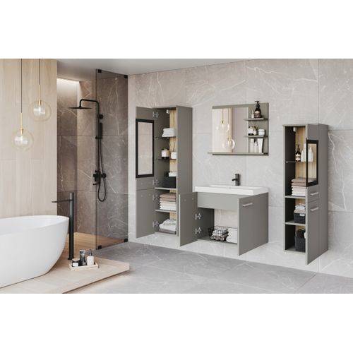 Salle De Bain Suspendue LED Lavabo 2 Colonnes + Miroir Étagères Gris Palladium