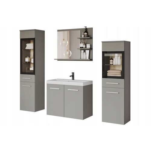 Salle De Bain Suspendue LED Lavabo 2 Colonnes + Miroir Étagères Gris Palladium