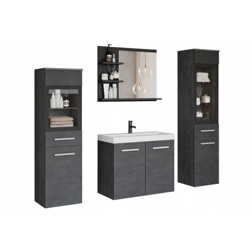 Salle De Bain Suspendue LED Lavabo 2 Colonnes + Miroir Étagères Anthracite Matera