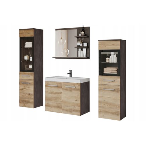Salle De Bain Suspendue LED Lavabo 2 Colonnes + Miroir Étagères Anthracite / Châtaignier