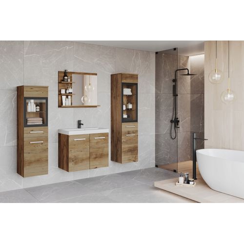 Salle De Bain Suspendue LED Lavabo 2 Colonnes + Miroir Étagères Châtaignier