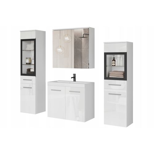 Salle De Bain Suspendue LED Lavabo 2 Colonnes + Armoire Miroir Blanc Mat / Blanc Brillant