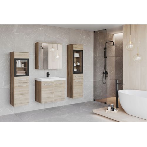 Salle De Bain Suspendue LED Lavabo 2 Colonnes + Armoire Miroir Chêne San Remo Mat