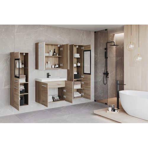 Salle De Bain Suspendue LED Lavabo 2 Colonnes + Armoire Miroir Chêne San Remo Mat