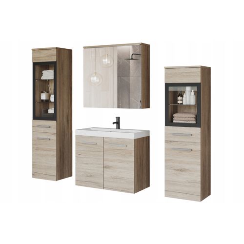 Salle De Bain Suspendue LED Lavabo 2 Colonnes + Armoire Miroir Chêne San Remo Mat