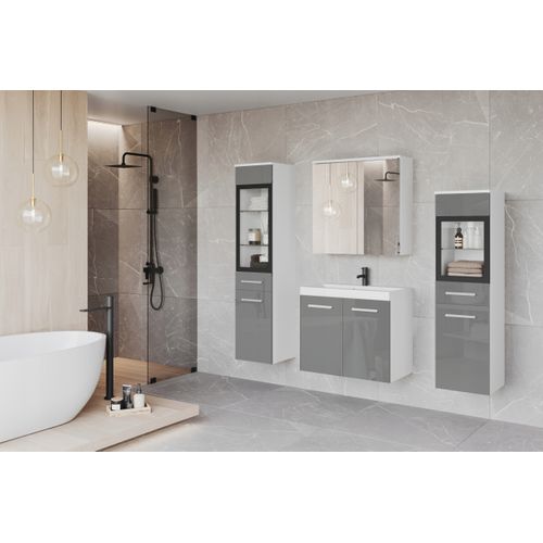 Salle De Bain Suspendue LED Lavabo 2 Colonnes + Armoire Miroir Blanc Mat / Gris Brillant