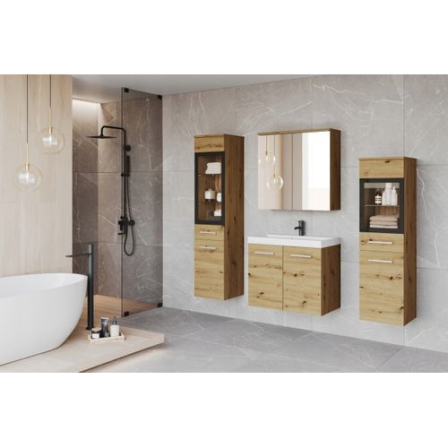 Salle De Bain Suspendue LED Lavabo 2 Colonnes + Armoire Miroir Chêne Artisan