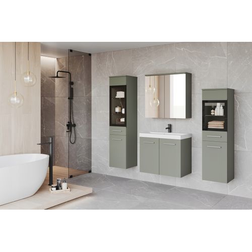Salle De Bain Suspendue LED Lavabo 2 Colonnes + Armoire Miroir Vert Brumeux