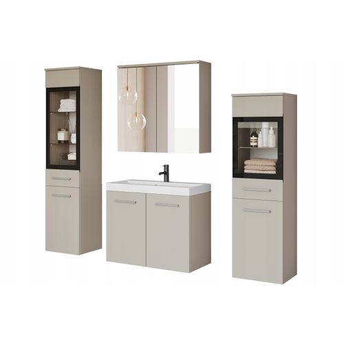 Salle De Bain Suspendue LED Lavabo 2 Colonnes + Armoire Miroir Beige Cachemire