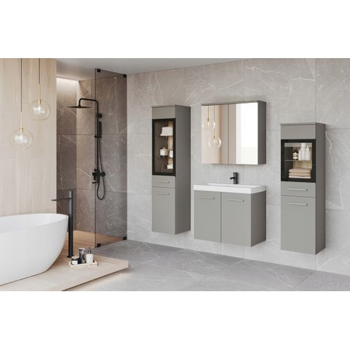 Salle De Bain Suspendue LED Lavabo 2 Colonnes + Armoire Miroir Gris Palladium
