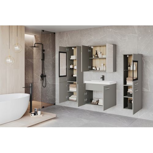 Salle De Bain Suspendue LED Lavabo 2 Colonnes + Armoire Miroir Gris Palladium