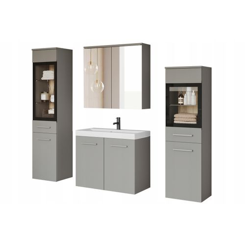 Salle De Bain Suspendue LED Lavabo 2 Colonnes + Armoire Miroir Gris Palladium