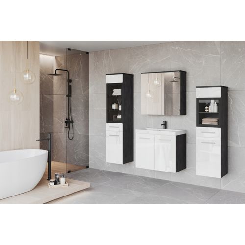 Salle De Bain Suspendue LED Lavabo 2 Colonnes + Armoire Miroir Anthracite / Blanc Brillant