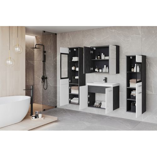 Salle De Bain Suspendue LED Lavabo 2 Colonnes + Armoire Miroir Anthracite / Blanc Brillant