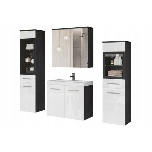 Salle De Bain Suspendue LED Lavabo 2 Colonnes + Armoire Miroir Anthracite / Blanc Brillant