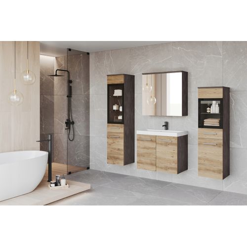 Salle De Bain Suspendue LED Lavabo 2 Colonnes + Armoire Miroir Anthracite / Châtaignier