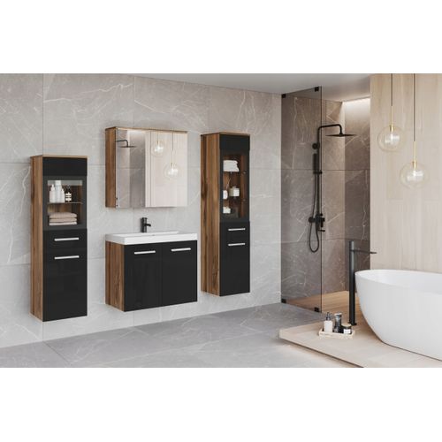 Salle De Bain Suspendue LED Lavabo 2 Colonnes + Armoire Miroir Chêne Wotan / Noir Brillant