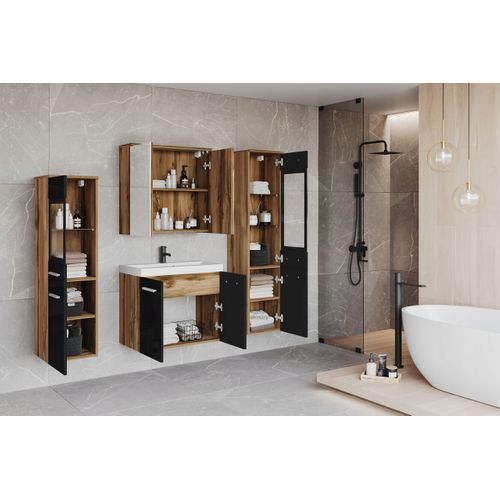 Salle De Bain Suspendue LED Lavabo 2 Colonnes + Armoire Miroir Chêne Wotan / Noir Brillant