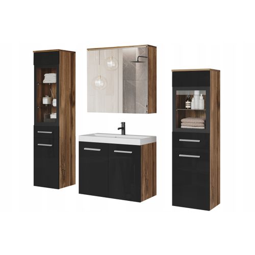 Salle De Bain Suspendue LED Lavabo 2 Colonnes + Armoire Miroir Chêne Wotan / Noir Brillant