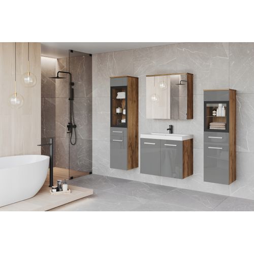 Salle De Bain Suspendue LED Lavabo 2 Colonnes + Armoire Miroir Châtaignier / Gris Brillant