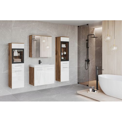 Salle De Bain Suspendue LED Lavabo 2 Colonnes + Armoire Miroir Chêne Wotan / Blanc Brillant