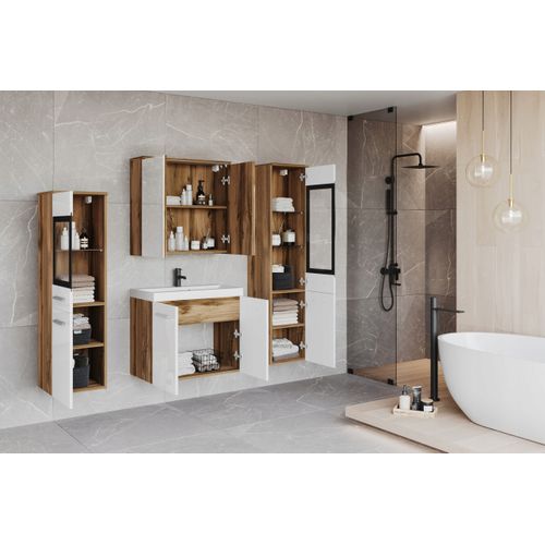 Salle De Bain Suspendue LED Lavabo 2 Colonnes + Armoire Miroir Chêne Wotan / Blanc Brillant