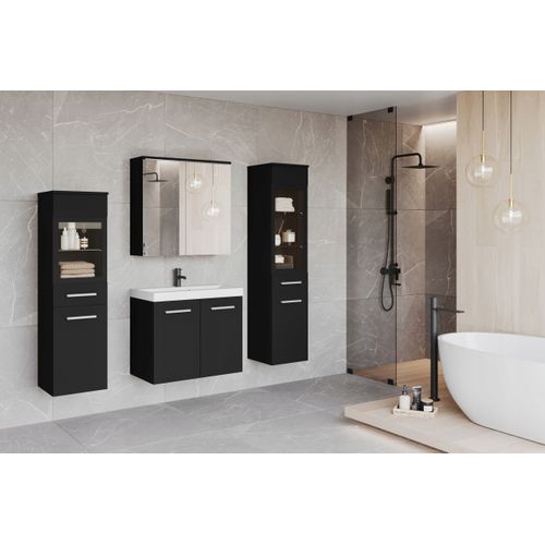 Salle De Bain Suspendue LED Lavabo 2 Colonnes + Armoire Miroir Noir Mat