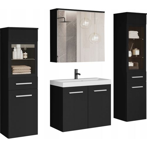 Salle De Bain Suspendue LED Lavabo 2 Colonnes + Armoire Miroir Noir Mat