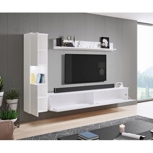 Meuble Mural 3 Pièces LED: Colonne + TV 180 Cm, Blanc Mat / Blanc Brillant