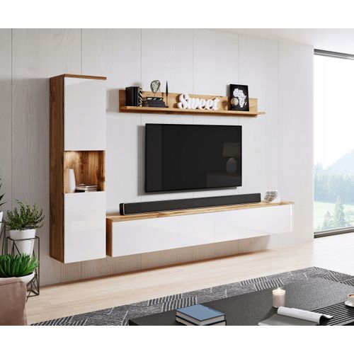 Meuble Mural 3 Pièces LED: Colonne + TV 180 Cm, Chêne Wotan / Blanc Brillant